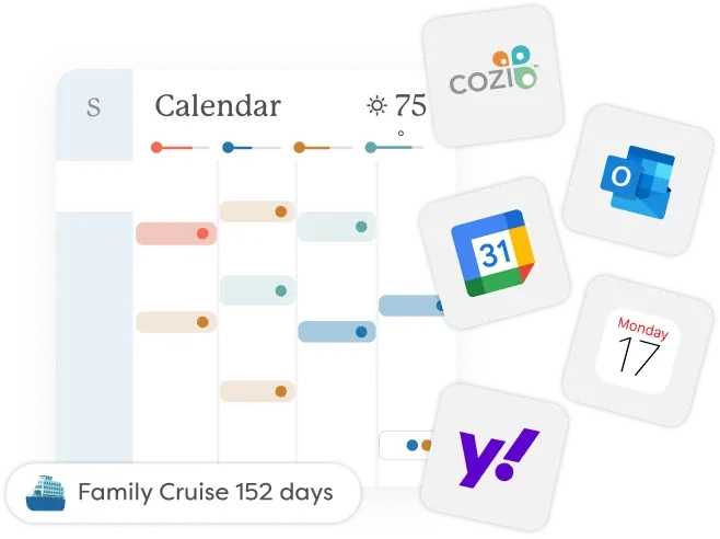 Skylight Calendar displaying a synced schedule from multiple platforms including Google, Outlook, Yahoo, and Cozi, showcasing seamless integration for total schedule clarity